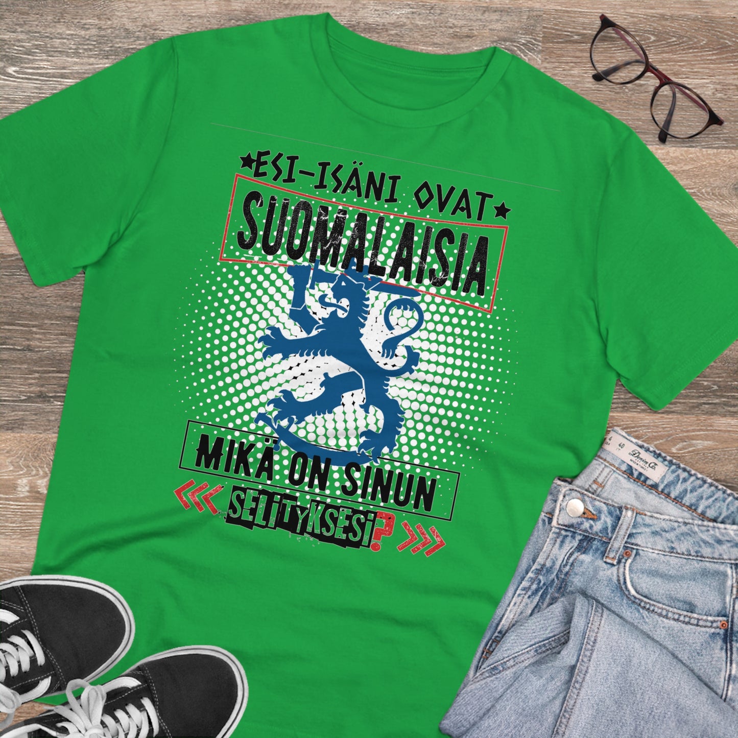 T-shirt unisex eco cotton - my ancestors are Finnish, what is your explanation, Suomileijona