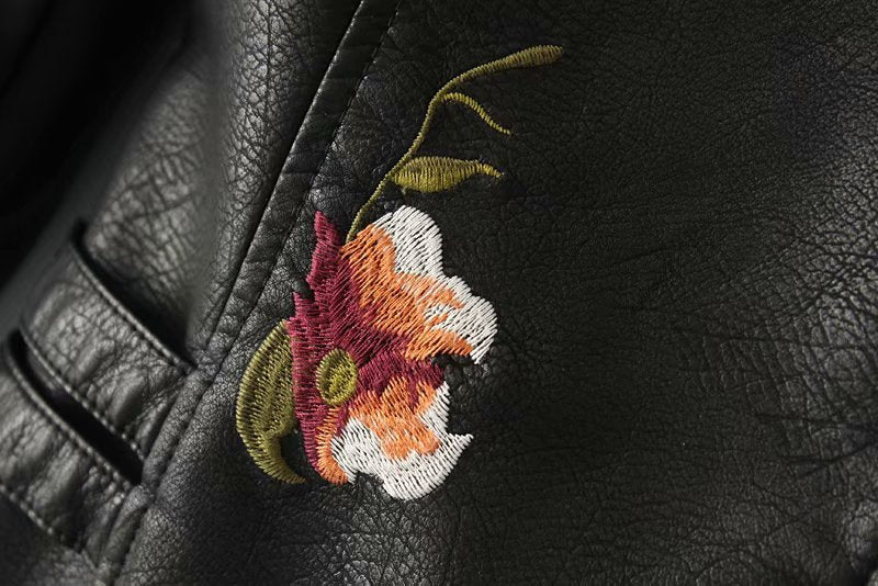 Flower-embroidered Prätkä-style faux leather jacket