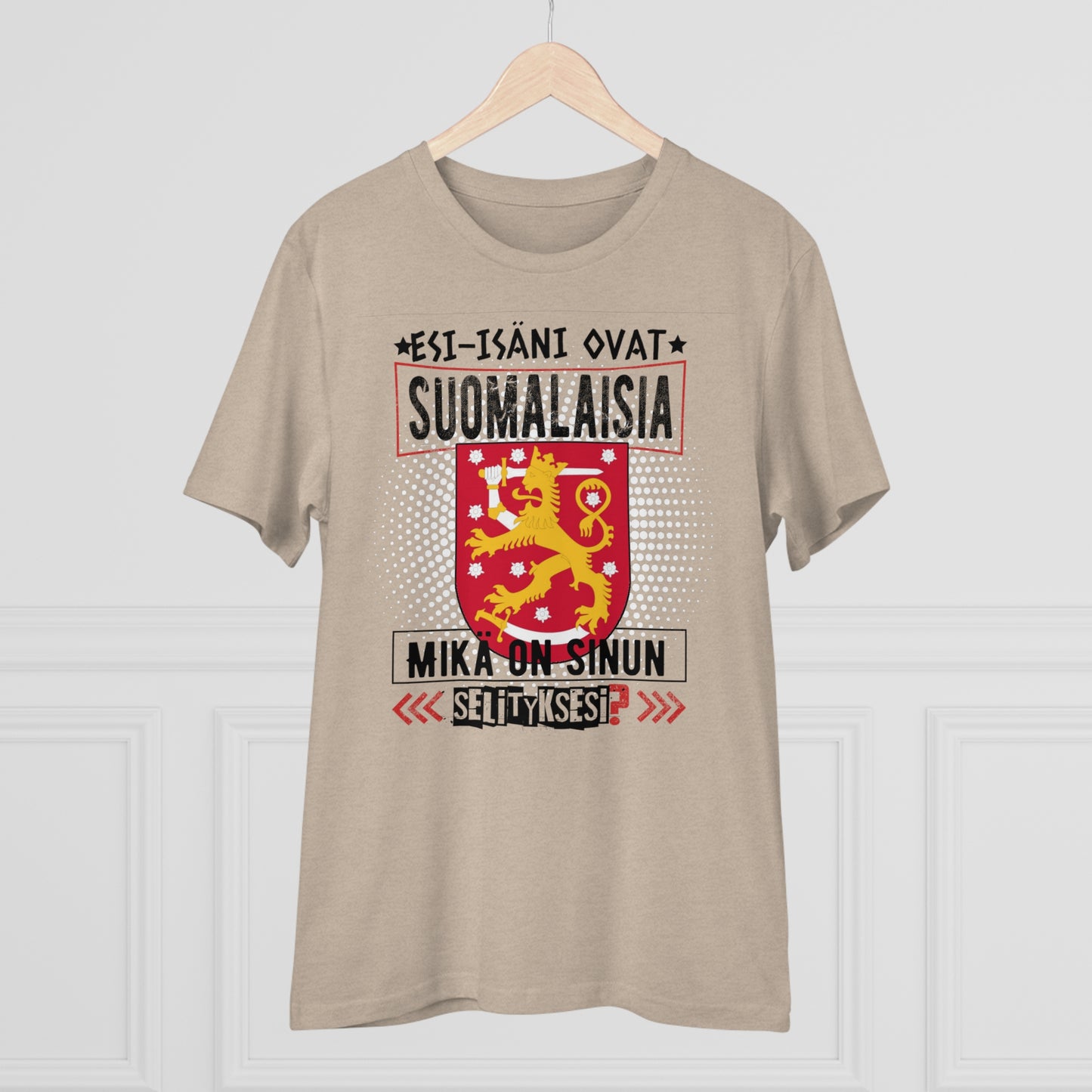 Unisex organic cotton t-shirt - my ancestors are Finnish, what's your explanation, Finnish coat of arms