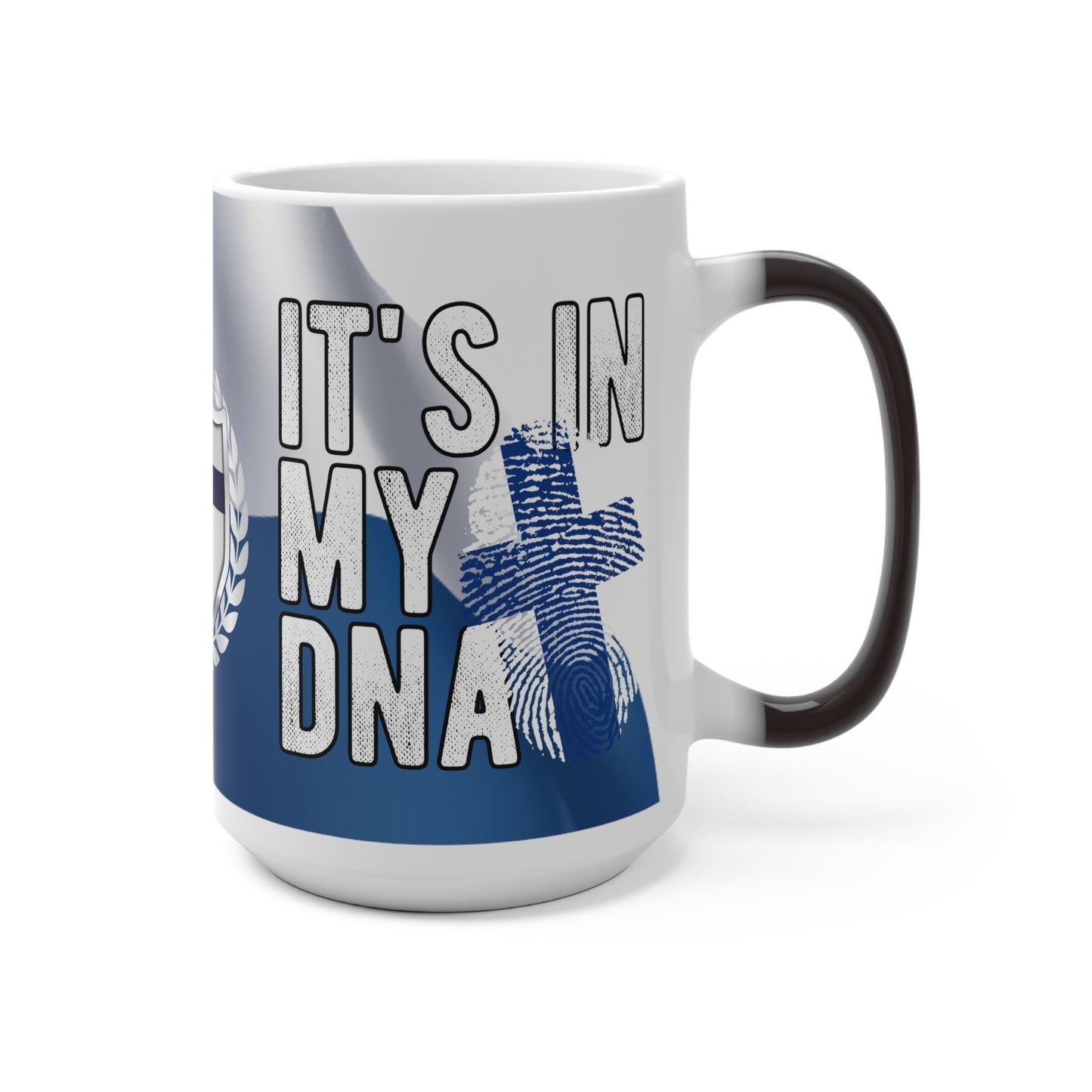 Magic mug with Finnish coat of arms and dna Finland