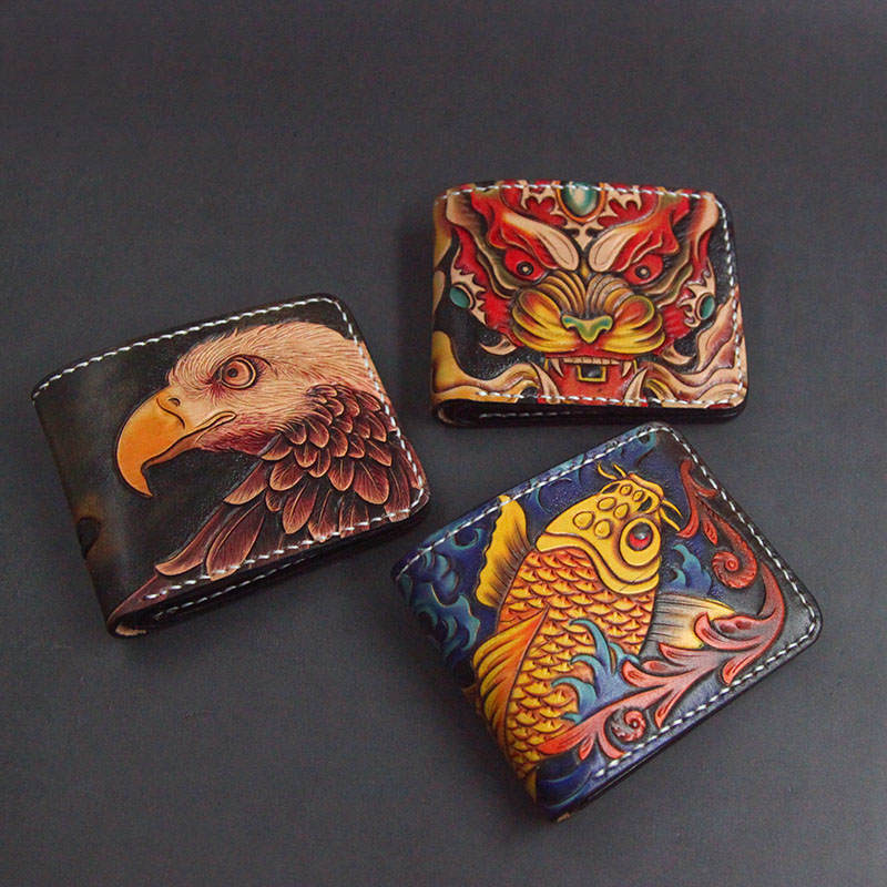 First Layer Cowhide Handmade Leather Carving Wallet Short Carp Couple Gift