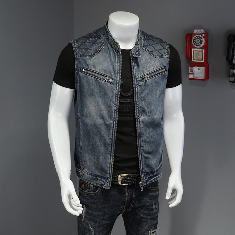 Men's Motorcycle Stand Collar Denim Vest