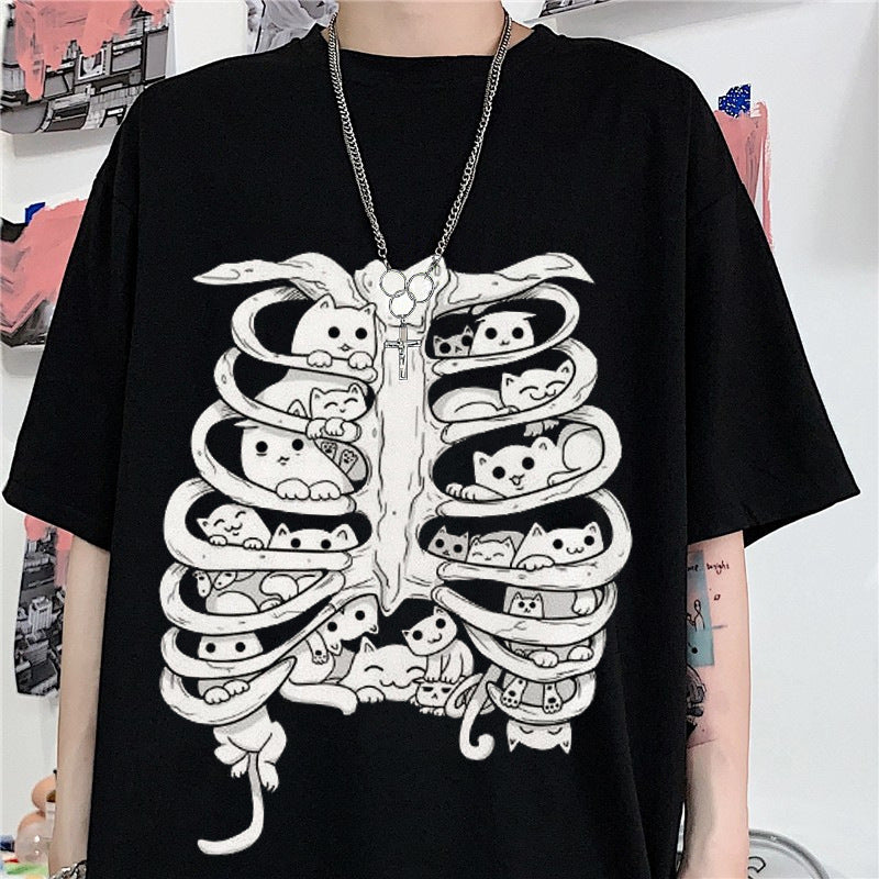 Skeleton Cat Gothic Print Round Neck Loose Men's And Women's T-shirt Short Sleeve