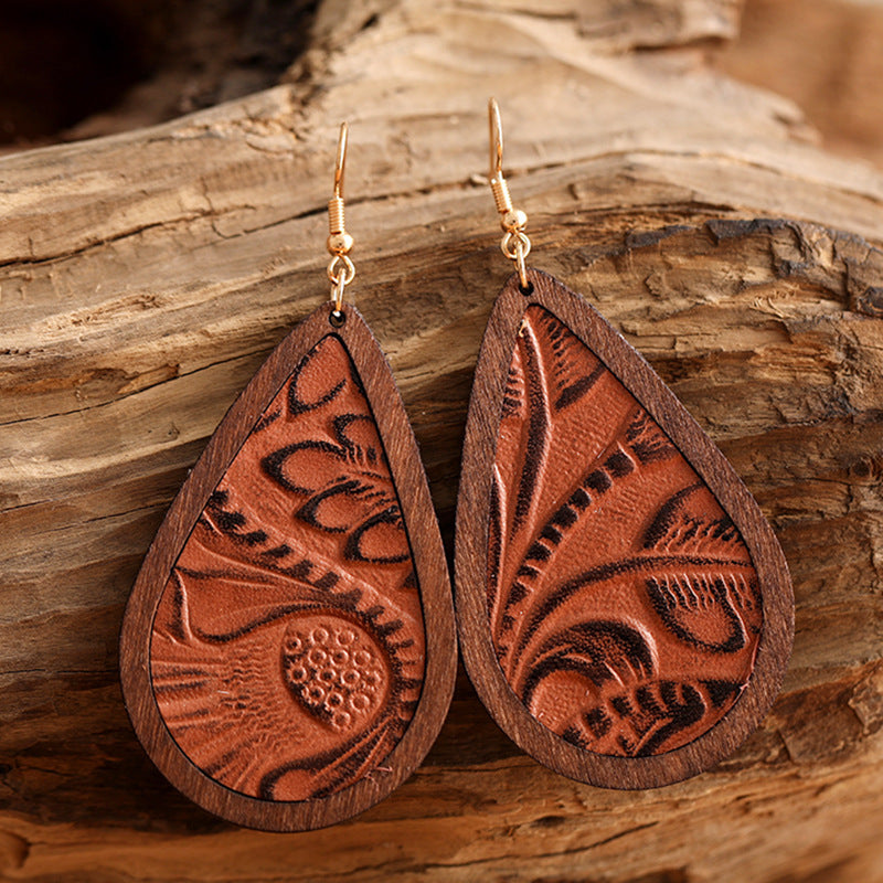 Vintage Embossed Leather Classic Drop Earrings Western Style Leather Exaggerated Earrings