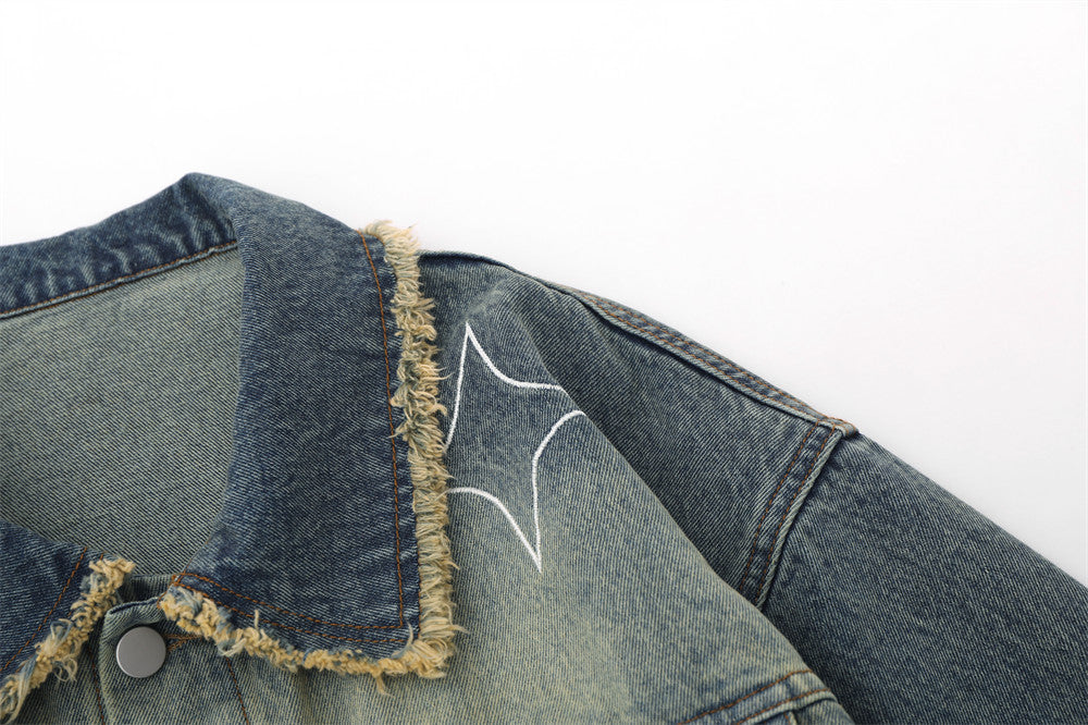 Five-pointed Star Patch Cat Beard Denim Coat Men's Design Sense Washed Distressed Jacket