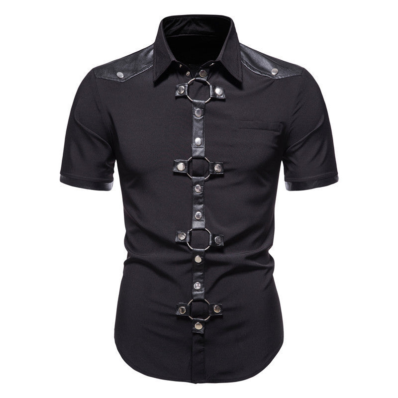 New European And American Men's Gothic Style Rivet Leather Patchwork Short-sleeved Shirt Simple Fashion Costume