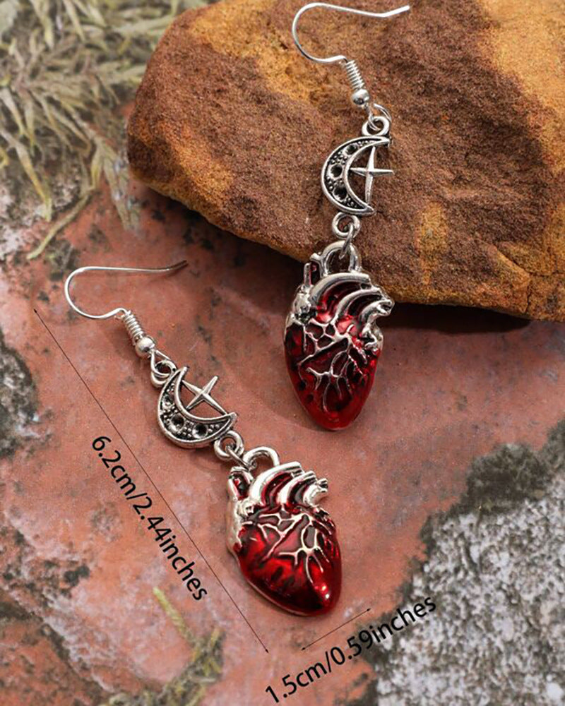 Gothic Beating Heart Crescent Cross Earrings