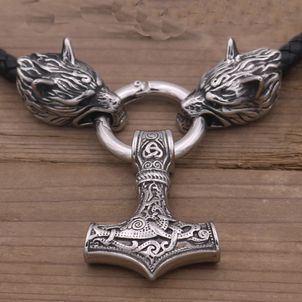 Viking Wolf Head With Mjolnir Pendant