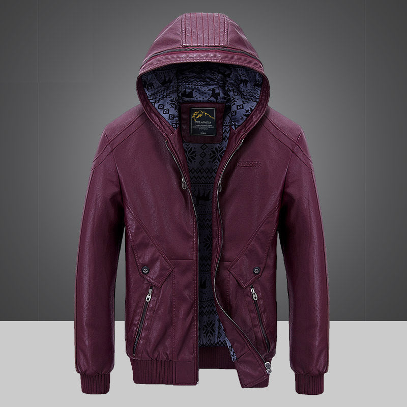 Thickened leather hooded jacket