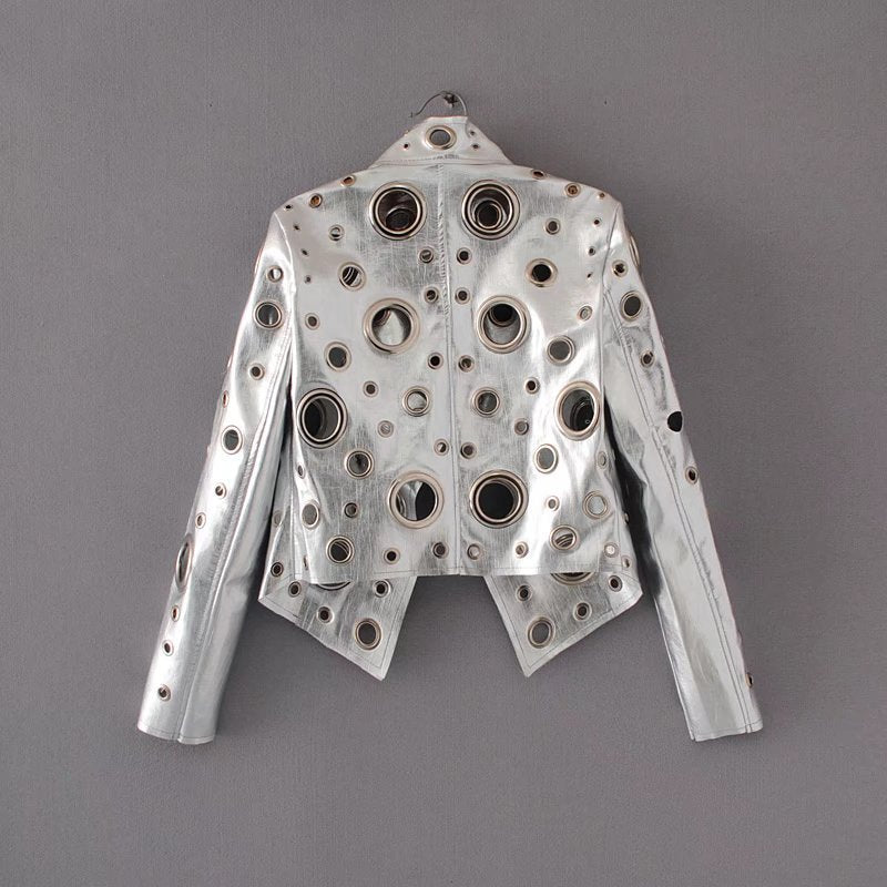 European And American Rock Style Hollow Metal Ring Leather Jacket