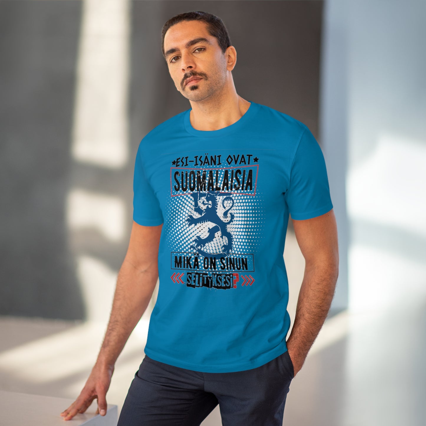 T-shirt unisex eco cotton - my ancestors are Finnish, what is your explanation, Suomileijona