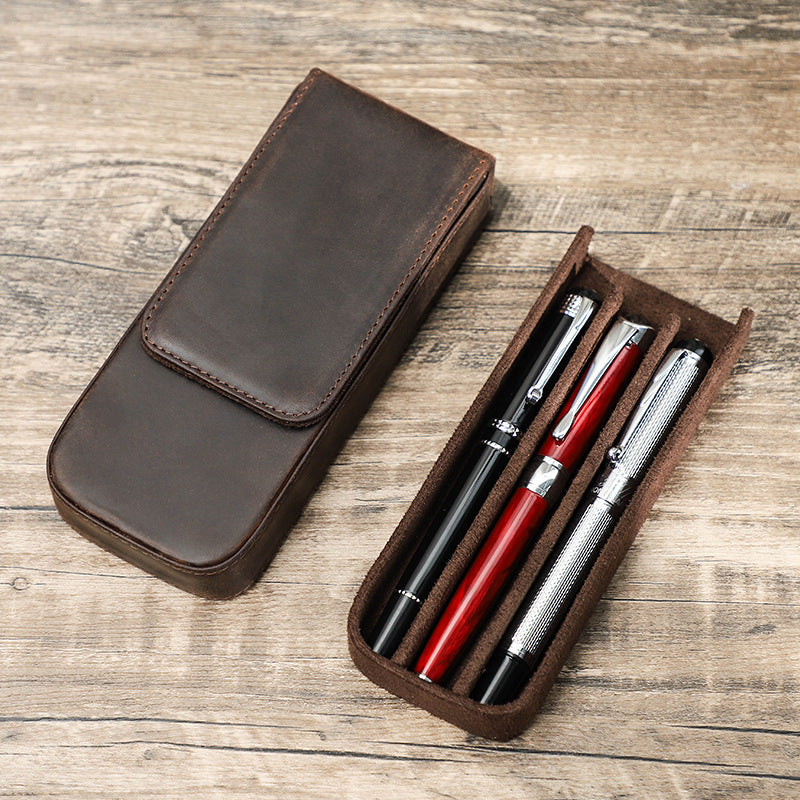 Handmade Magnetic Drawer Crazy Horse Leather Pencil Case