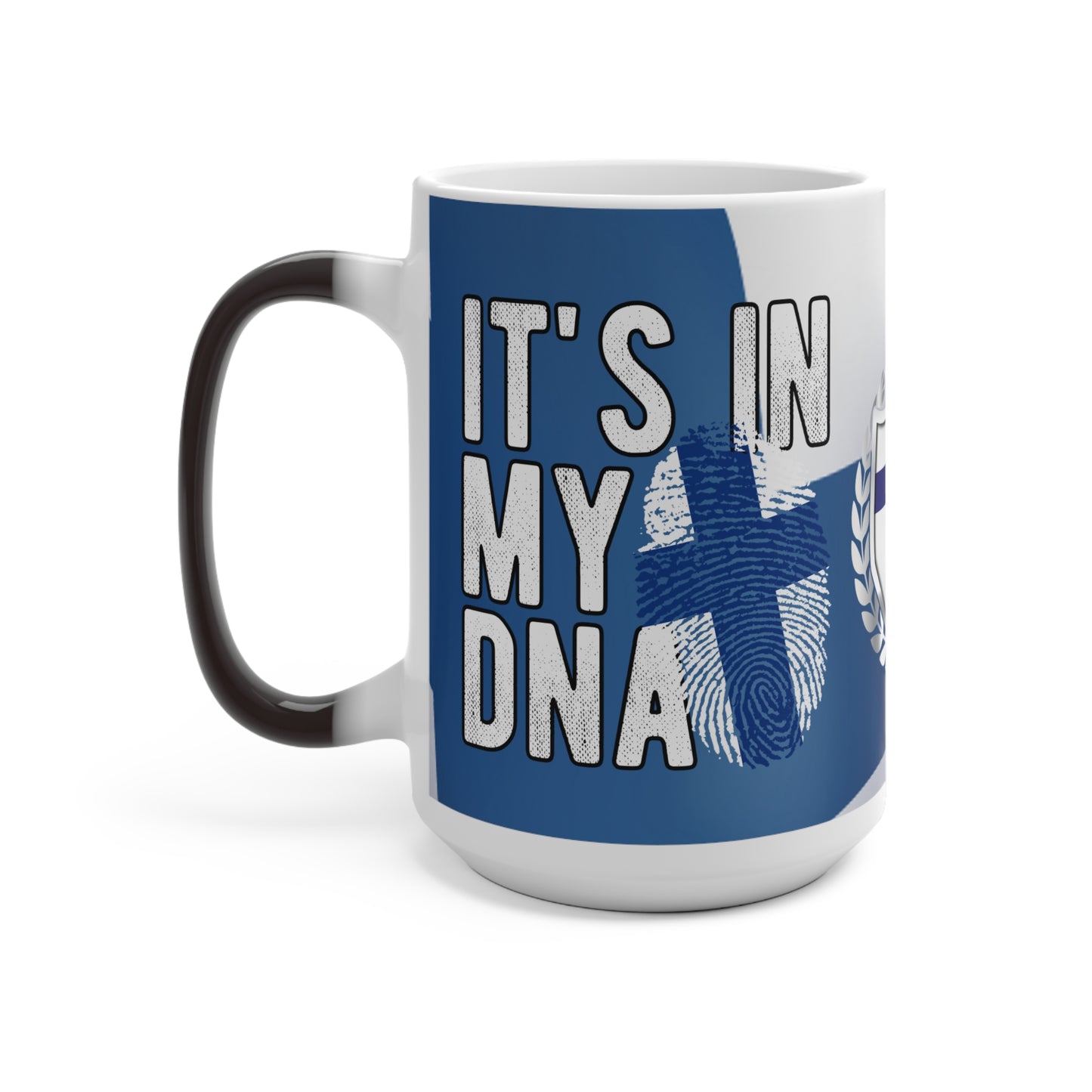 Magic mug with Finnish coat of arms and dna Finland