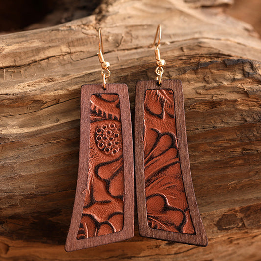 Genuine Leather Retro Embossed Classic Geometric Wooden Earrings