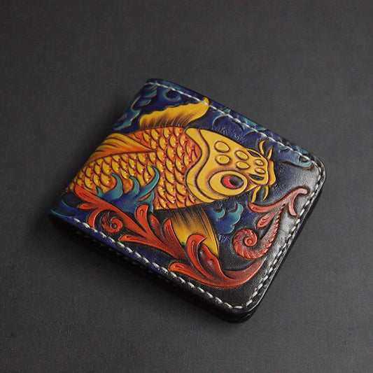 First Layer Cowhide Handmade Leather Carving Wallet Short Carp Couple Gift