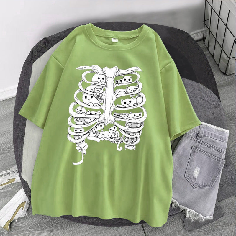 Skeleton Cat Gothic Print Round Neck Loose Men's And Women's T-shirt Short Sleeve