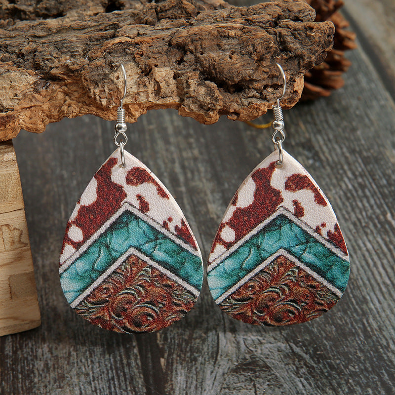 Water Drop Western Style Cows Pattern Pattern Leather Earrings Personality Pu Double-sided Earrings