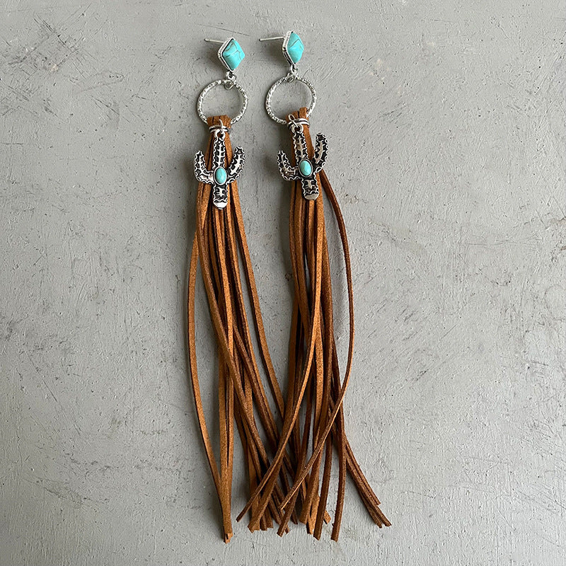 Ornament Creative Personality Retro Long Cactus Turquoise Leather Tassel Earrings