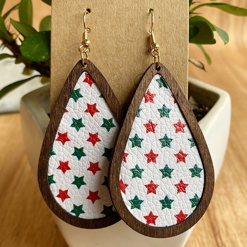 Christmas PU Leather Litchi Pattern Wooden Frame Earrings