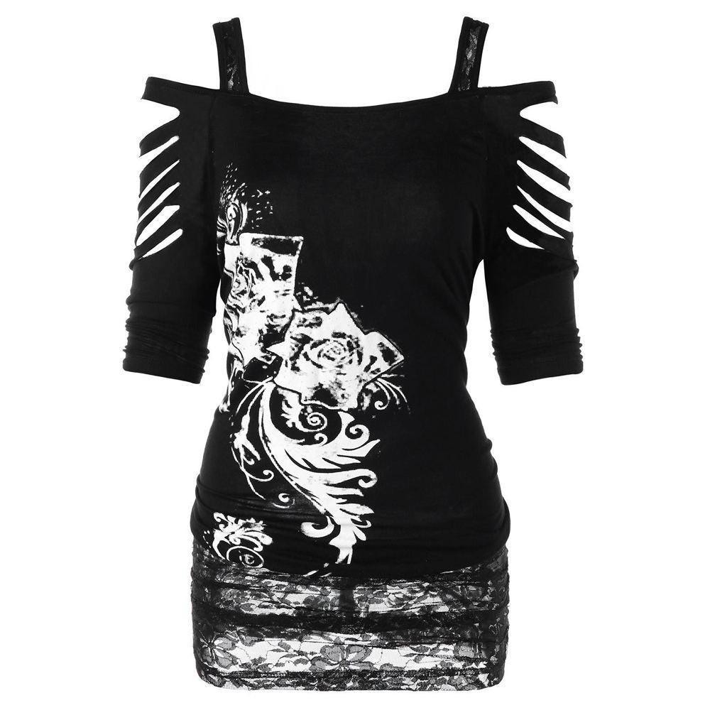 New Off Shoulder Printed Rock Gothic Sling T-Shirt