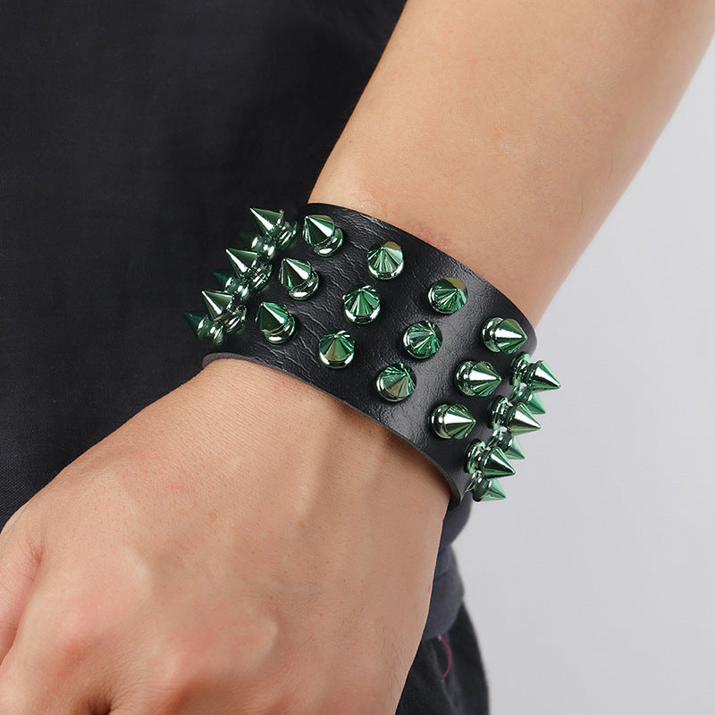 Three-row Colorful Spike Exaggerated Punk Leather Bracelet