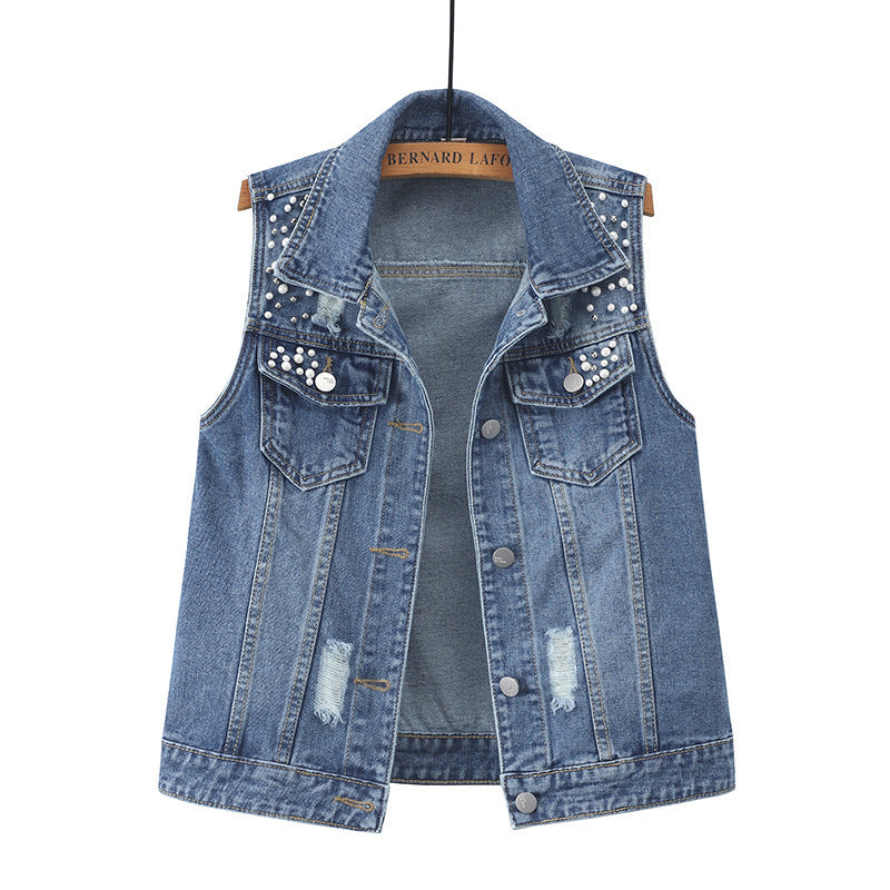 Beaded Denim Vest Women Loose Fashion Vest Vest