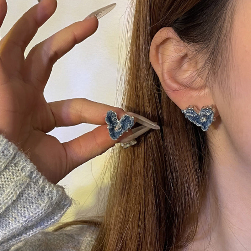 Niche Blue Denim Love Heart Earrings