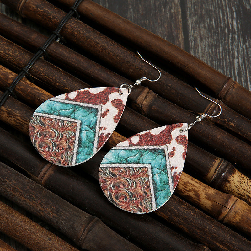 Water Drop Western Style Cows Pattern Pattern Leather Earrings Personality Pu Double-sided Earrings