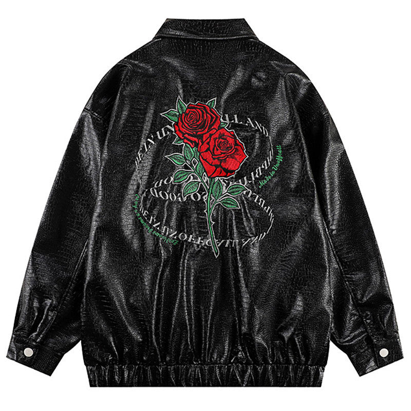 Rose Embroidered PU Leather Statement Jacket