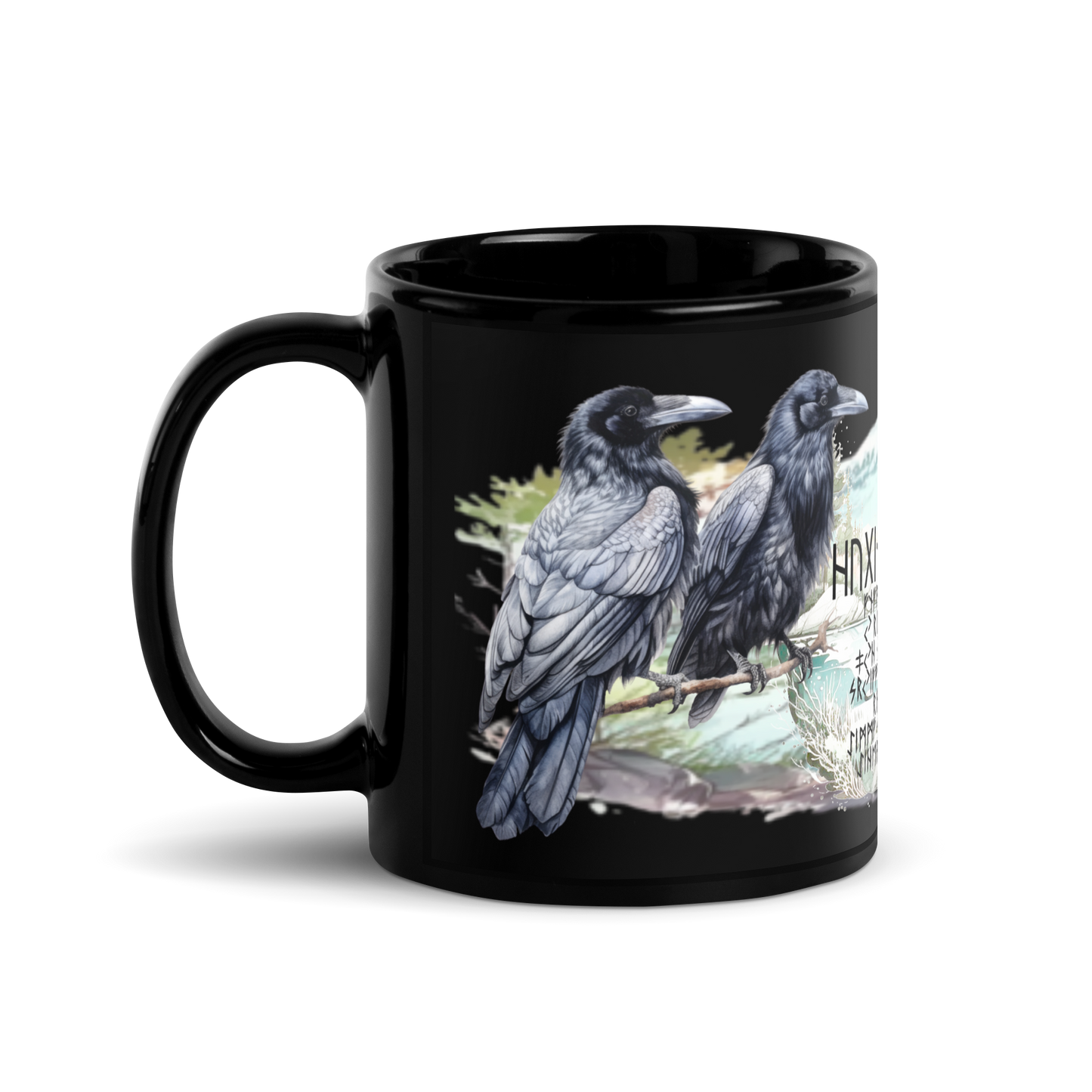 Black shiny mug - Hugi and Muni's Viking ravens