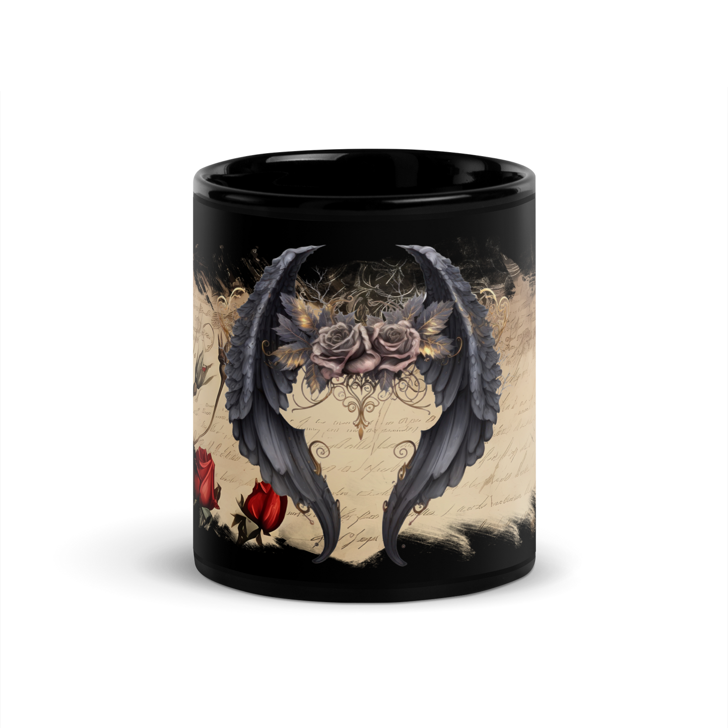 Black glossy Mug - gothic wings and rose