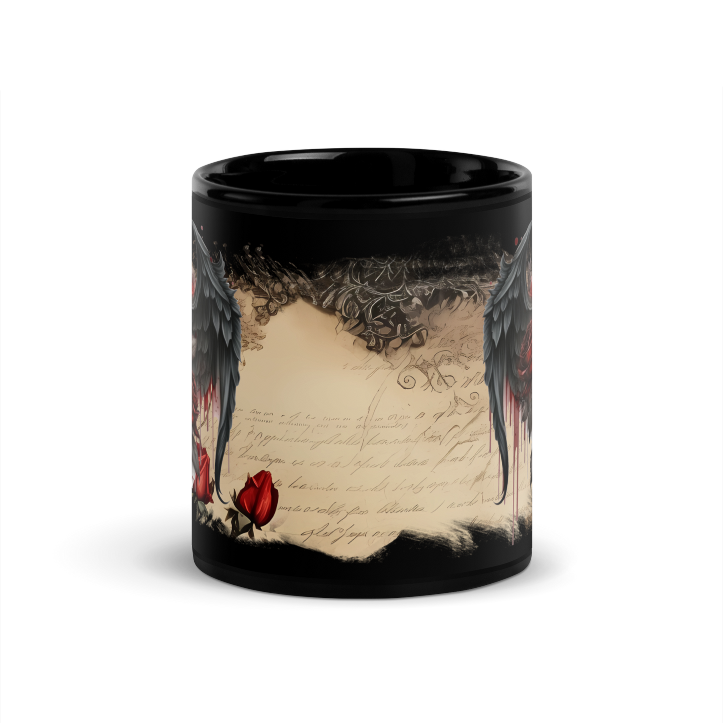 Black glossy Mug - gothic wings and rose