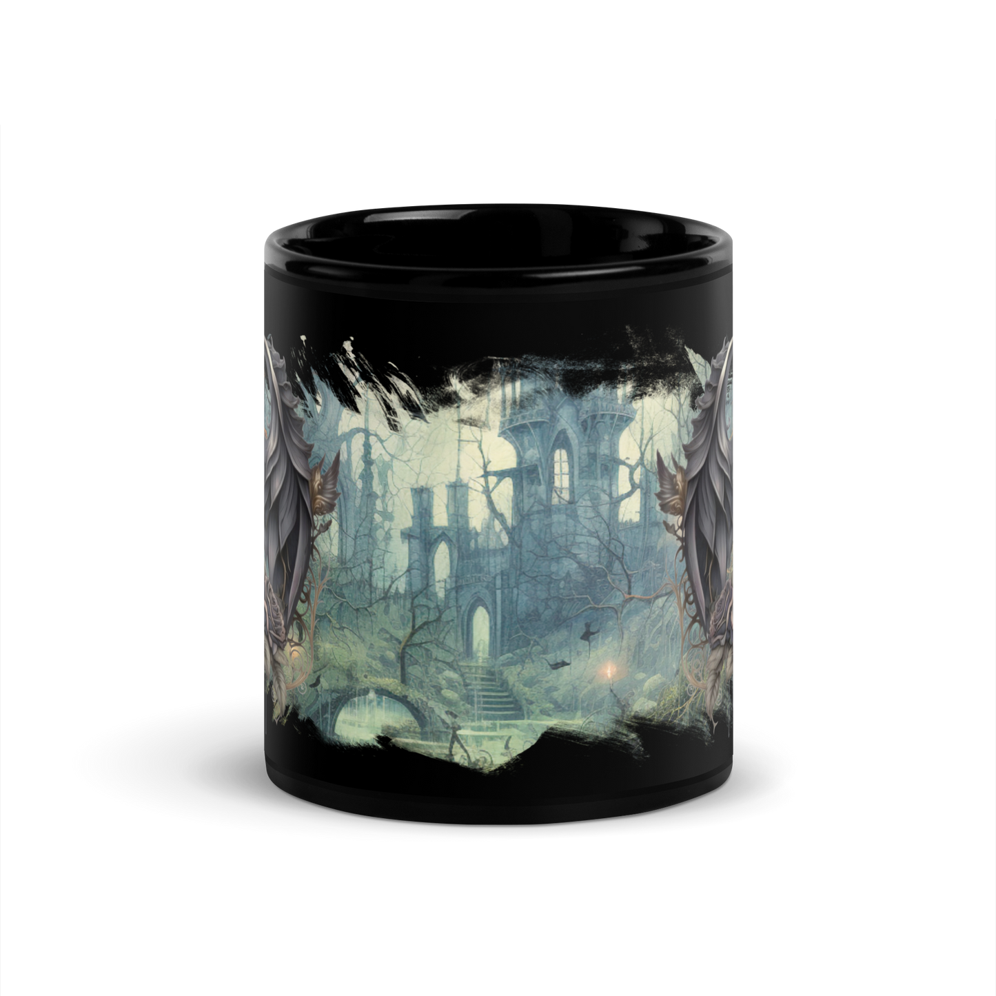 Black glossy Mug - gothic castle and wings