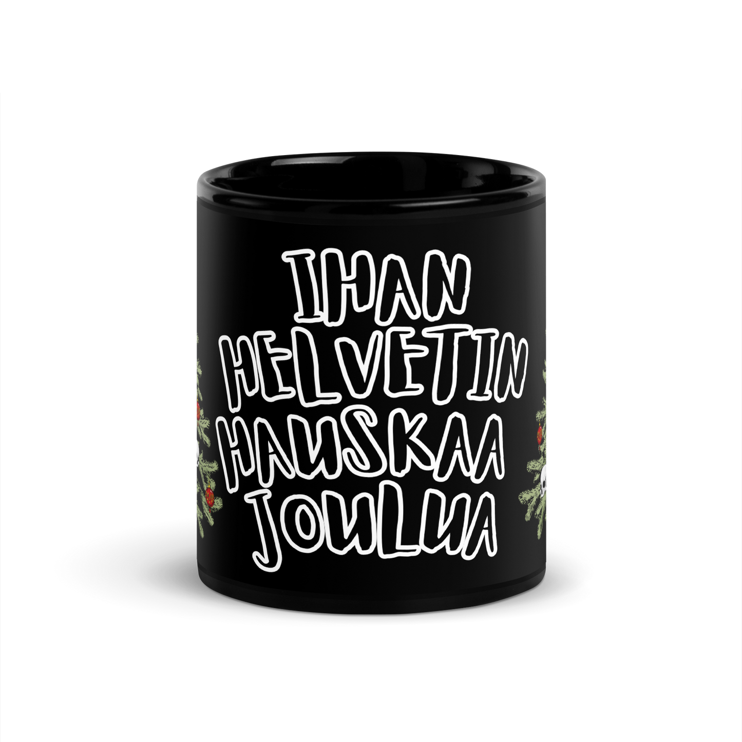 Black shiny mug, a hell of a merry Christmas, Christmas tree