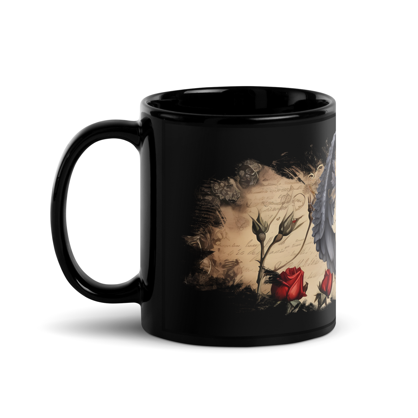 Black glossy Mug - gothic wings and rose