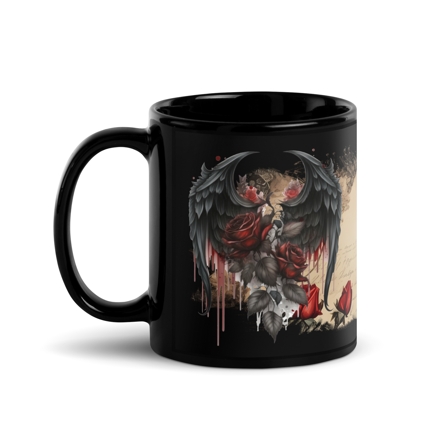 Black glossy Mug - gothic wings and rose