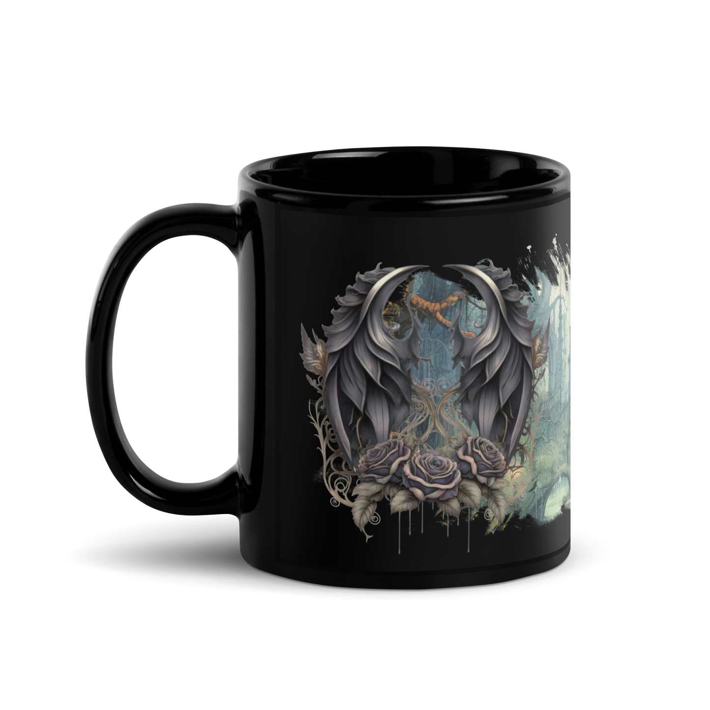 Black glossy Mug - gothic castle and wings