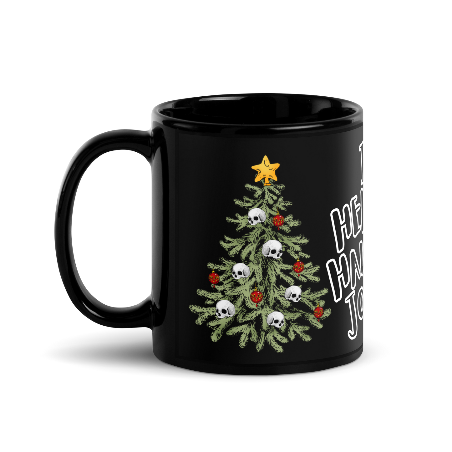 Black shiny mug, a hell of a merry Christmas, Christmas tree