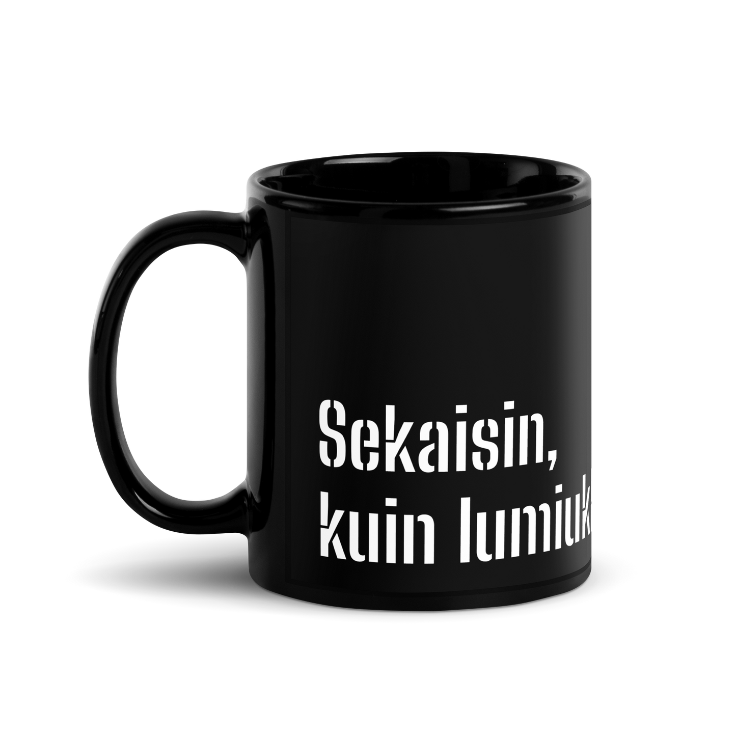 Musta kiiltävä muki- sekaisin, kuin lumiukko käkikellossa