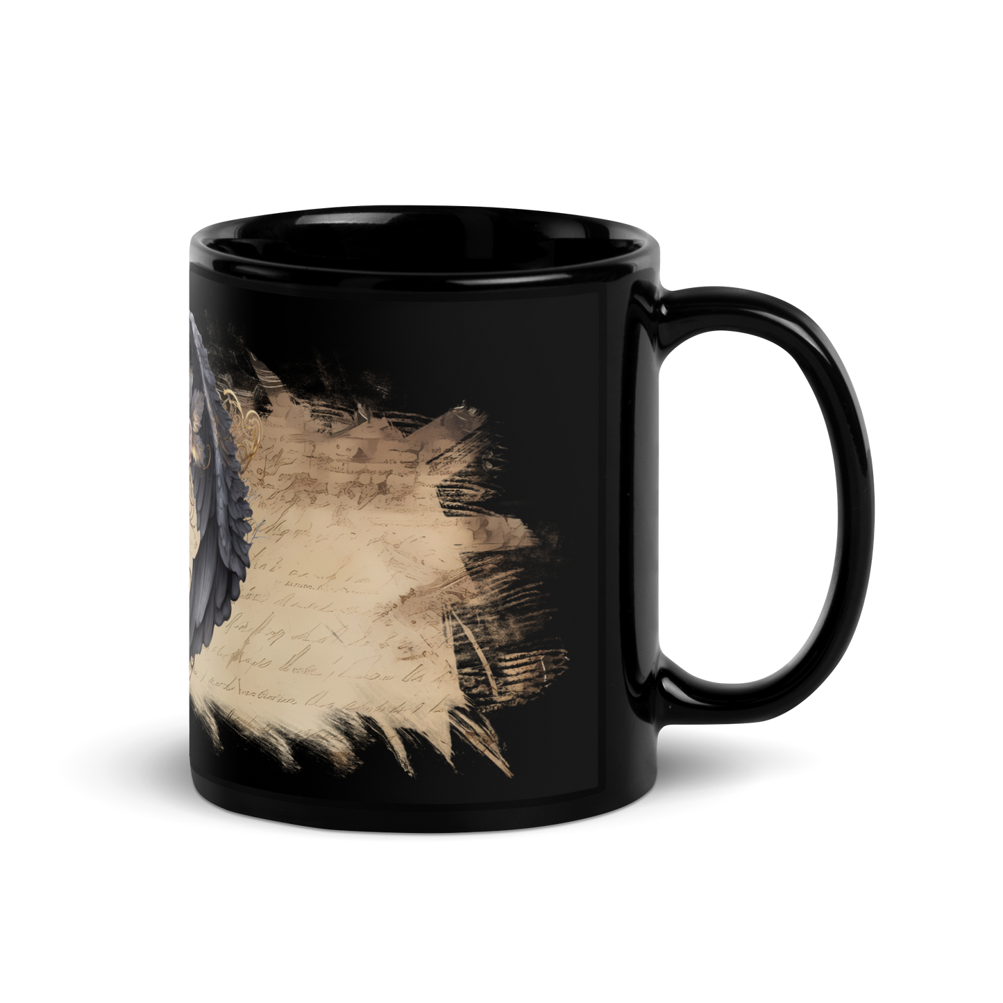 Black glossy Mug - gothic wings and rose