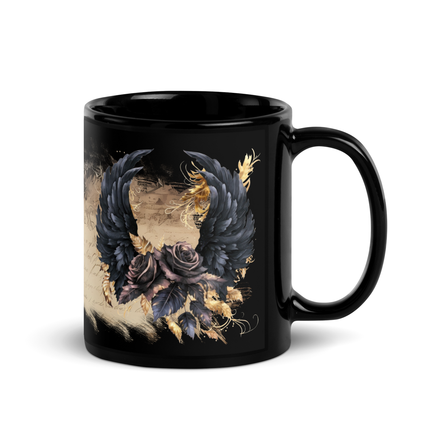 Black Glossy Mug - goottisiivet ja ruuusu