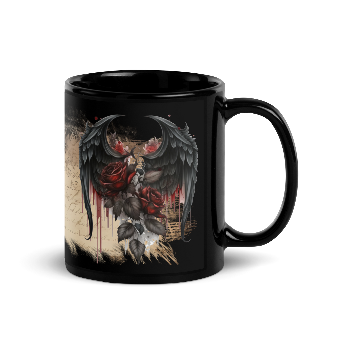 Black glossy Mug - gothic wings and rose