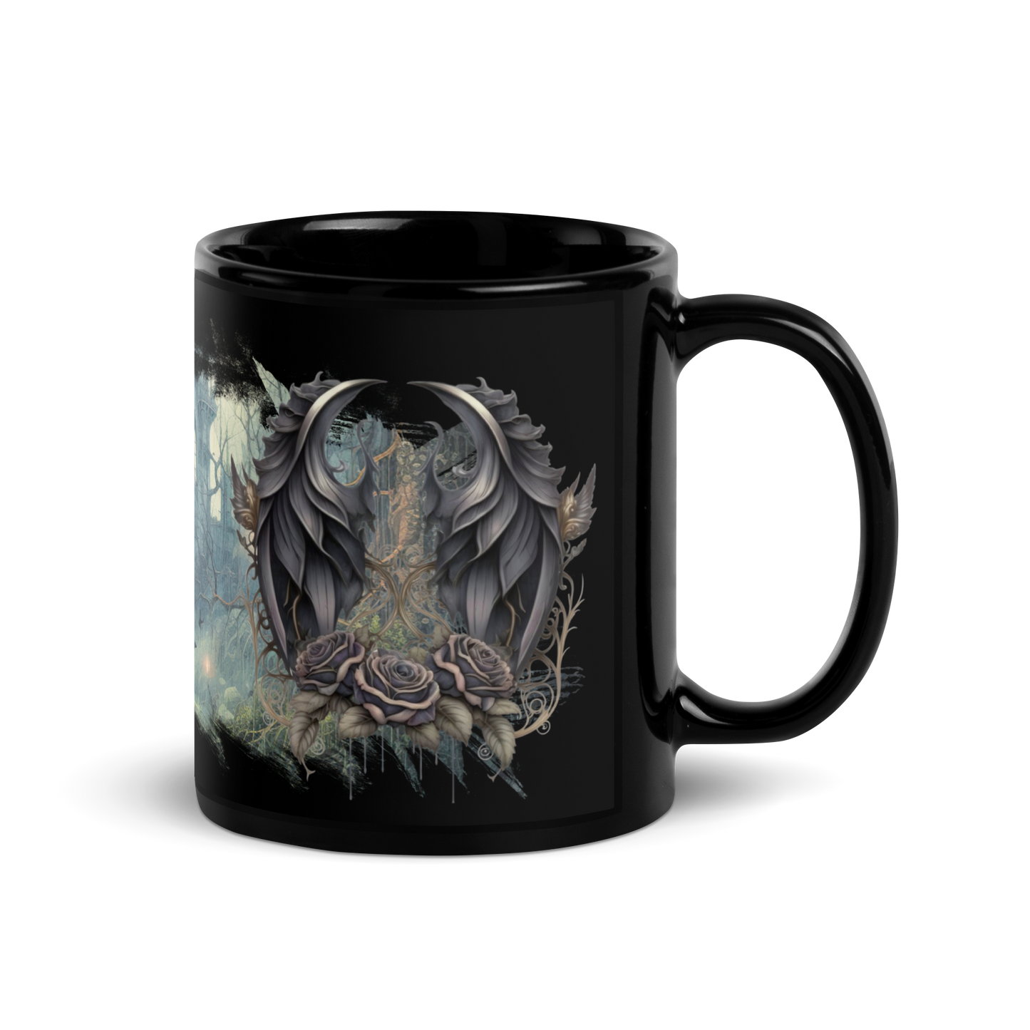 Black glossy Mug - gothic castle and wings