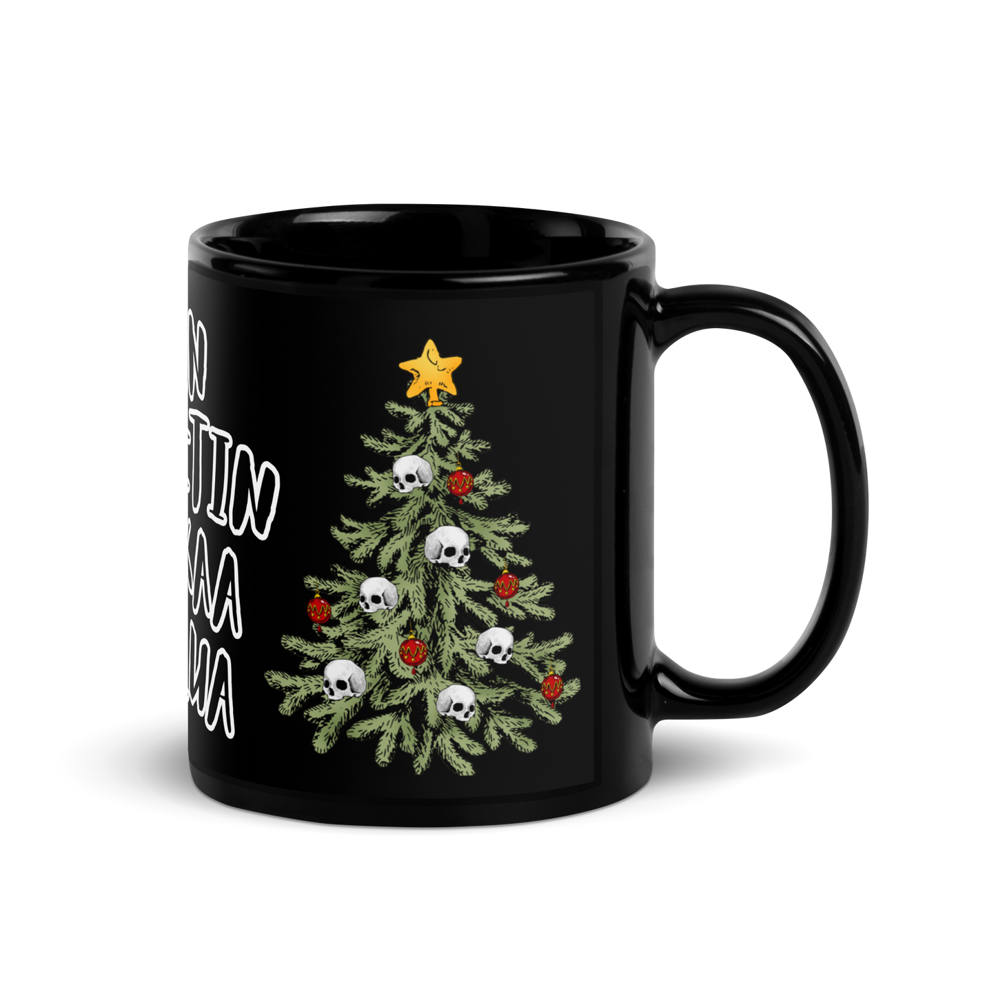 Black shiny mug, a hell of a merry Christmas, Christmas tree