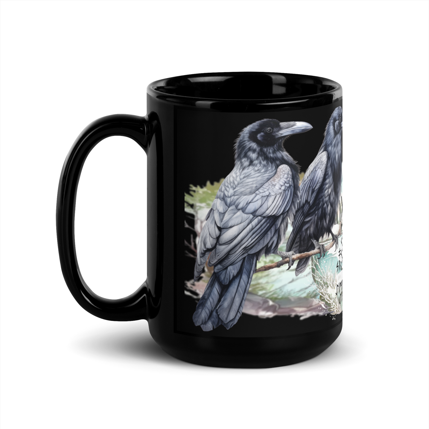 Black shiny mug - Hugi and Muni's Viking ravens