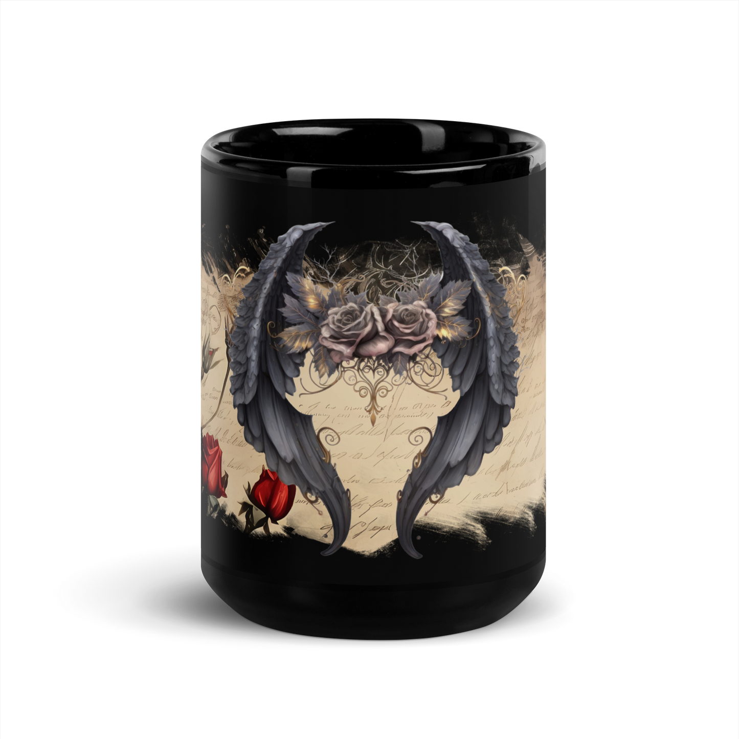 Black glossy Mug - gothic wings and rose