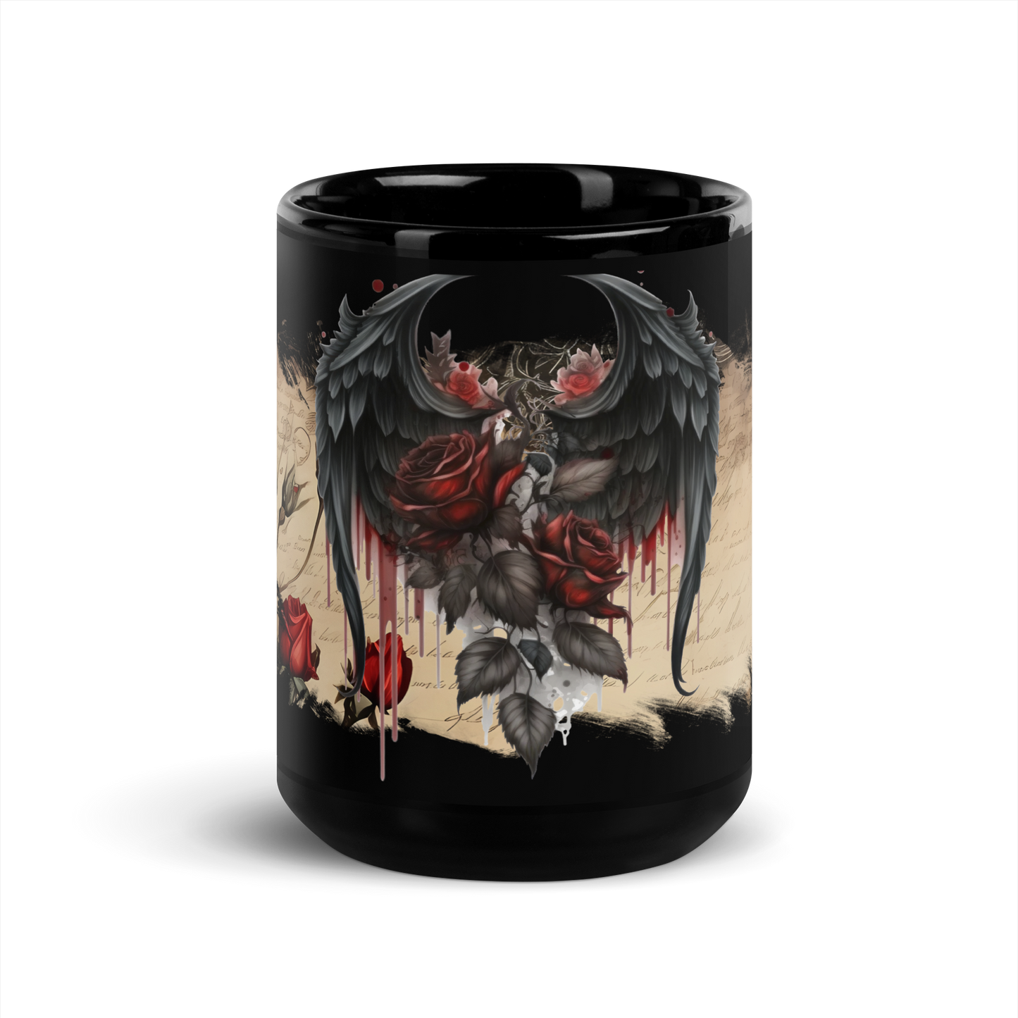 Black glossy Mug - gothic wings and rose