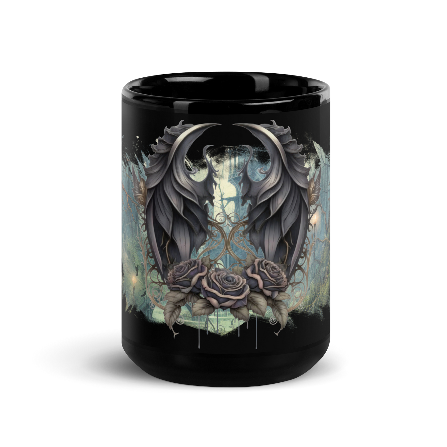 Black glossy Mug - gothic castle and wings