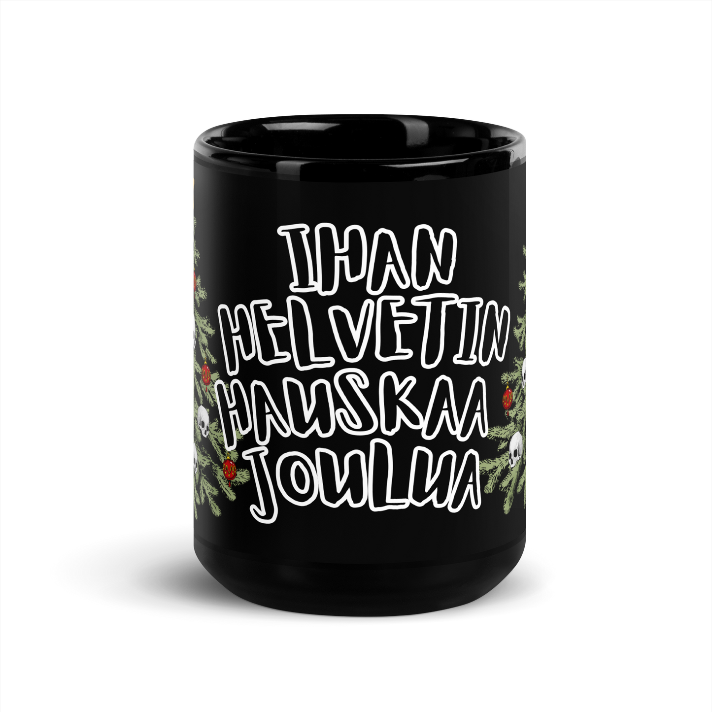 Black shiny mug, a hell of a merry Christmas, Christmas tree