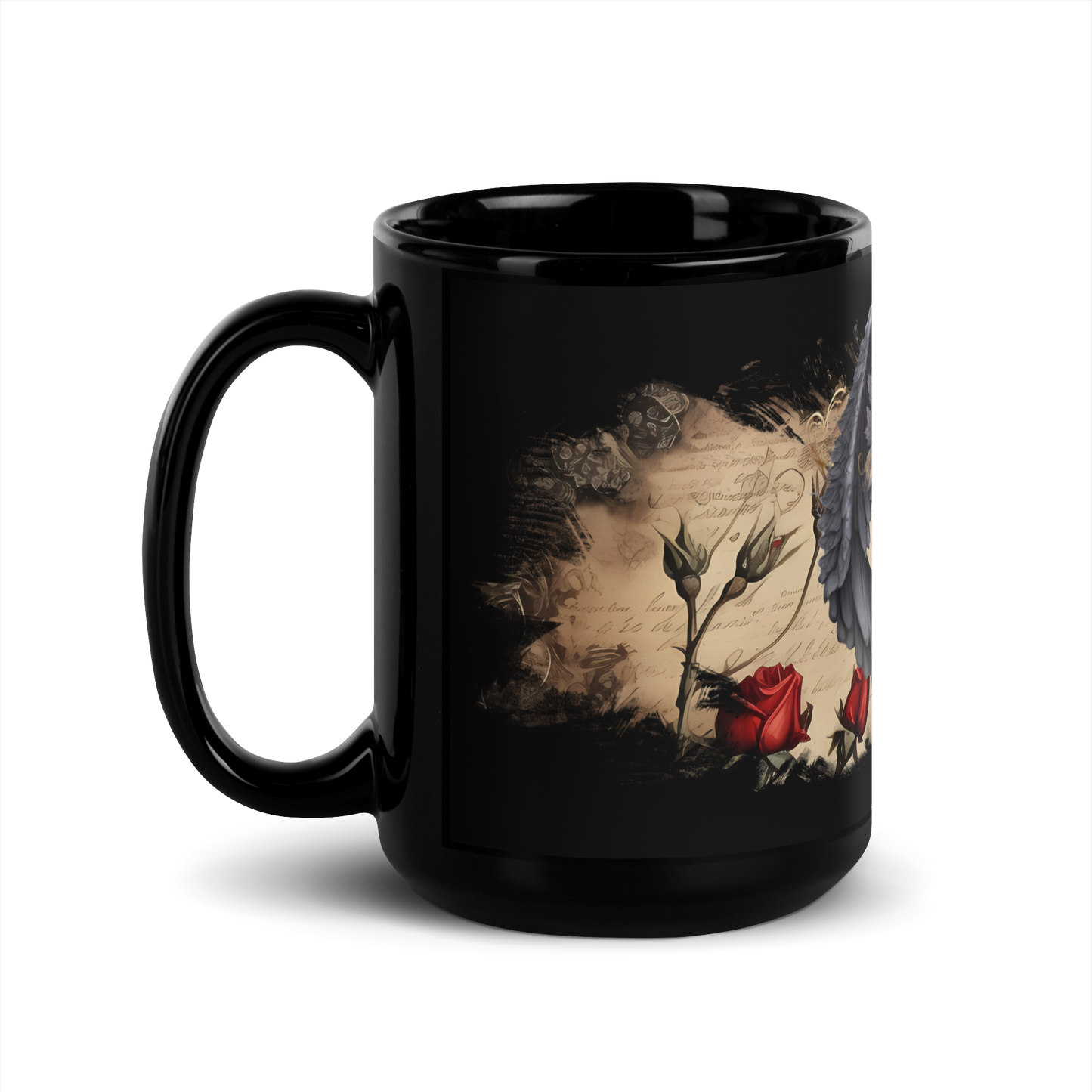 Black glossy Mug - gothic wings and rose